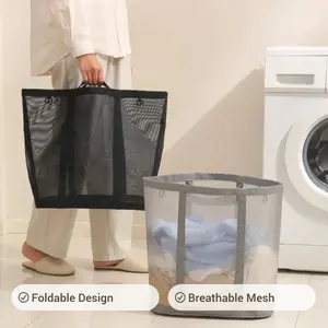 Large Capacity Laundry Basket with Handle, 1 Count Foldable Laundry Hamper Mesh Breathable Dirty Clothes Basket, Clothes Storage Basket for Home, Bedroom, Bathroom, Dormitory Laundry Basket Organizer