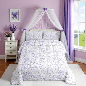 Purple Bow Comforter Set,Cartoon Bow Bedding Set,Kawaii Princess Style Stars Love Bowknot Quilt Set,Kids Girls Women Teens Room Decor,Romantic Duvet