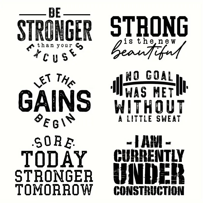 6 Pack Inspirational Fitness Quotes Stickers Sweat-Free Start Progress Be Stronger Gym Building Washable Heat Transfer Stickers for T Shirts Jerseys Apparel Durable Polyester for Athletes Bodybuilders Gift Accessories Text Design, Gains Letter