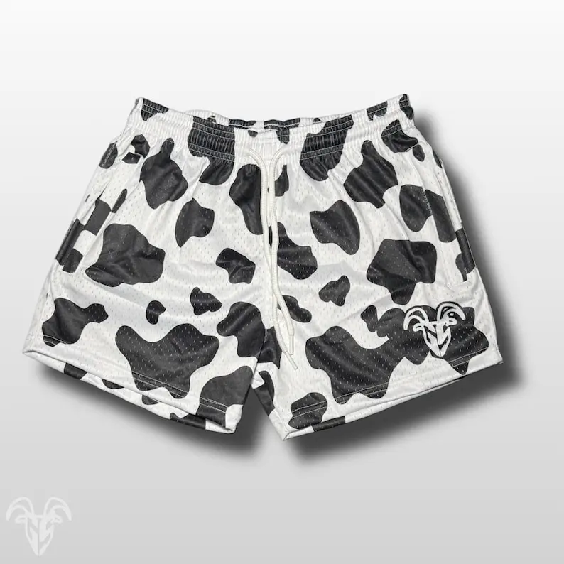 Goat Strength 5” Inseam Mesh Shorts – Black & White Cow Print – Athletic Workout Shorts