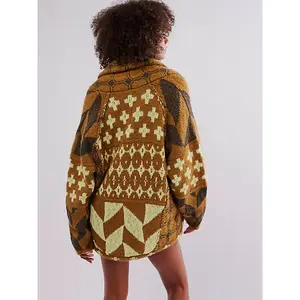 Women’s Y2K abstract print loose-fit sweater coat, geometric pattern long-sleeve drop-shoulder jacket for fall/winter streetwear