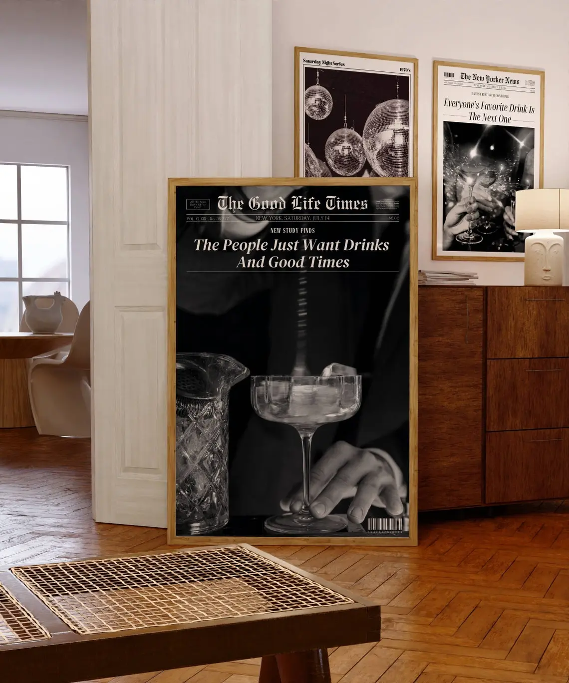 Disco Drinks Newspaper Headline Poster, Retro Bar Cart Wall Art, Magazine Cover Print, Trendy Party Poster, Black and White Poster, Bar Cart