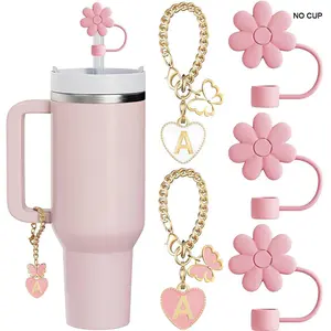 Flower & Letter Design Drinkware Accessories Set, Tumbler Cup, 5 Counts/set Including 3 Counts Silicone Straw Cover & 2 Counts Letter Charm, Drinkware Accessories for Gift