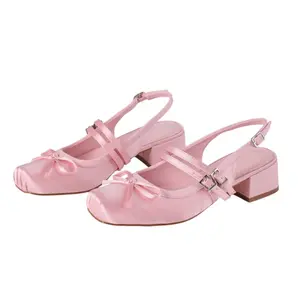 Women's Retro Satin Ballet Style Heels Sweet Bowknot Square Toe Slingback Pumps Chunky Block Heel Mary Jane Dress Shoes