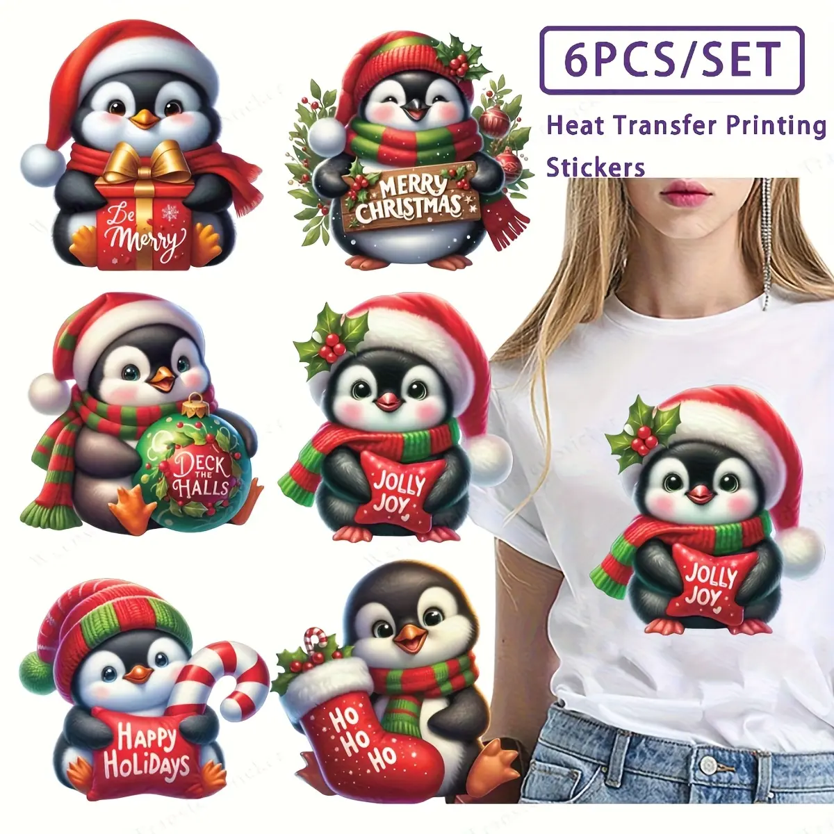 Christmas Penguin Iron-On Patches Set, DIY Washable Heat Transfer Stickers, Fabric Appliques for T-Shirts, Bags, Pillows Decorations