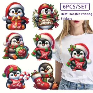 Christmas Penguin Iron-On Patches Set, DIY Washable Heat Transfer Stickers, Fabric Appliques for T-Shirts, Bags, Pillows Decorations