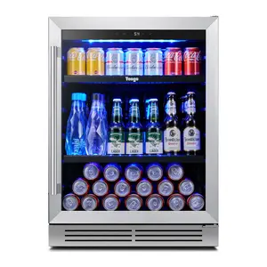 Yeego 24-Inch Beverage Refrigerator, 34-54°F Under-Counter Built-In Refrigerator, 180-Can Capacity Glass Door Mini Refrigerator with LED Lighting and Silent Cooling System, Suitable for Soda, Beer, and Wine, Ideal for Home or Office