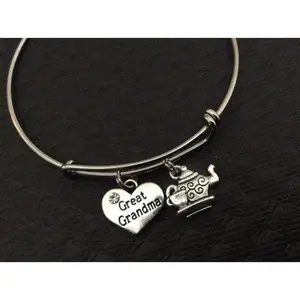 Great Grandma Charm Silver Bangle Silver Adjustable Wire Bangle Charm Bracelet Expandable Trendy