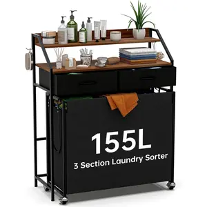 Laundry Sorter with 3 Section Pull Out Bags Rolling Laundry Basket Organizer with 2 Drawers Laundry Hamper with Shelves and Wheels for Laundry Room, Bathroom, Bedroom Organization(2 Tier)