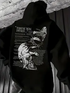 New Men's Jesus Print Hoodie, Graphic Print Hoodie, Casual Loose-Fit Long Sleeve Pullover with Pocket, Fashionable All-Seasons Wear, Comfortable Daily Top