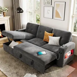 Garvee 84" Sleeper Sofa with Storage & Charging Station, Convertible Sectional Couch Bed with LED Lights, Reversible Chaise, Pull Out Sofa Bed for Living Room Apartment, Velvet