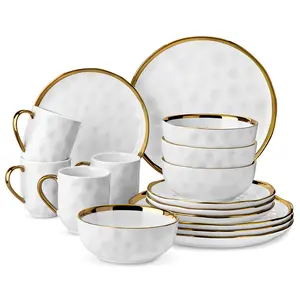 Ceramic 16 Piece Plate and Bowl Set, Porcelain White and Gold Dinnerware Set, Suitable for 4 People, Round Dinner Plate Set, Dishwasher Safe and Scratch Resistant, White