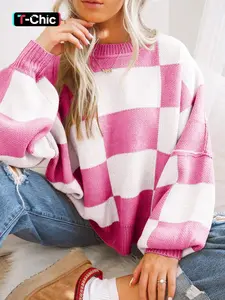 Women's Plaid Bishop Sleeve Knitted Sweater, Casual Fall & Winter Knitwear, Long Sleeve Drop Shoulder Fitted Pullover, Fashionable Ladies' Top Womenswear