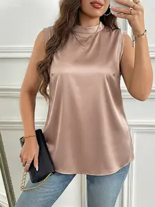 Plus Size Women's Plain Sleeveless Blouse, Elegant Stand Collar Backless Design, Perfect for Daily Wear, Parties, Dates, Holidays