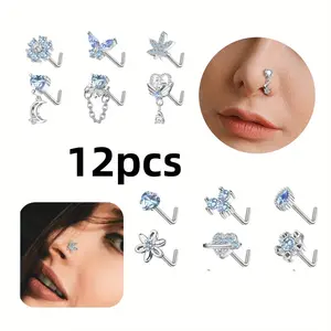 12pcs 20G Nose Rings Surgical Stainless Steel, L Shaped Nose Studs for Women Men, CZ Heart Butterfly Flower Leaf Moon Dangle Cute Nose Piercings Studs Screw Jewelry Blue