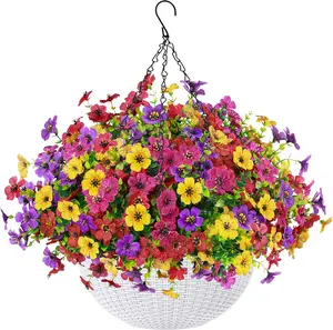 Der Rose Artificial Hanging Flowers Basket for Faux Plants Outdoors UV Resistant Fake Hanging Spring Flowers in Basket for Patio Balcony Farmhouse Outside Decor Decoration Colorful