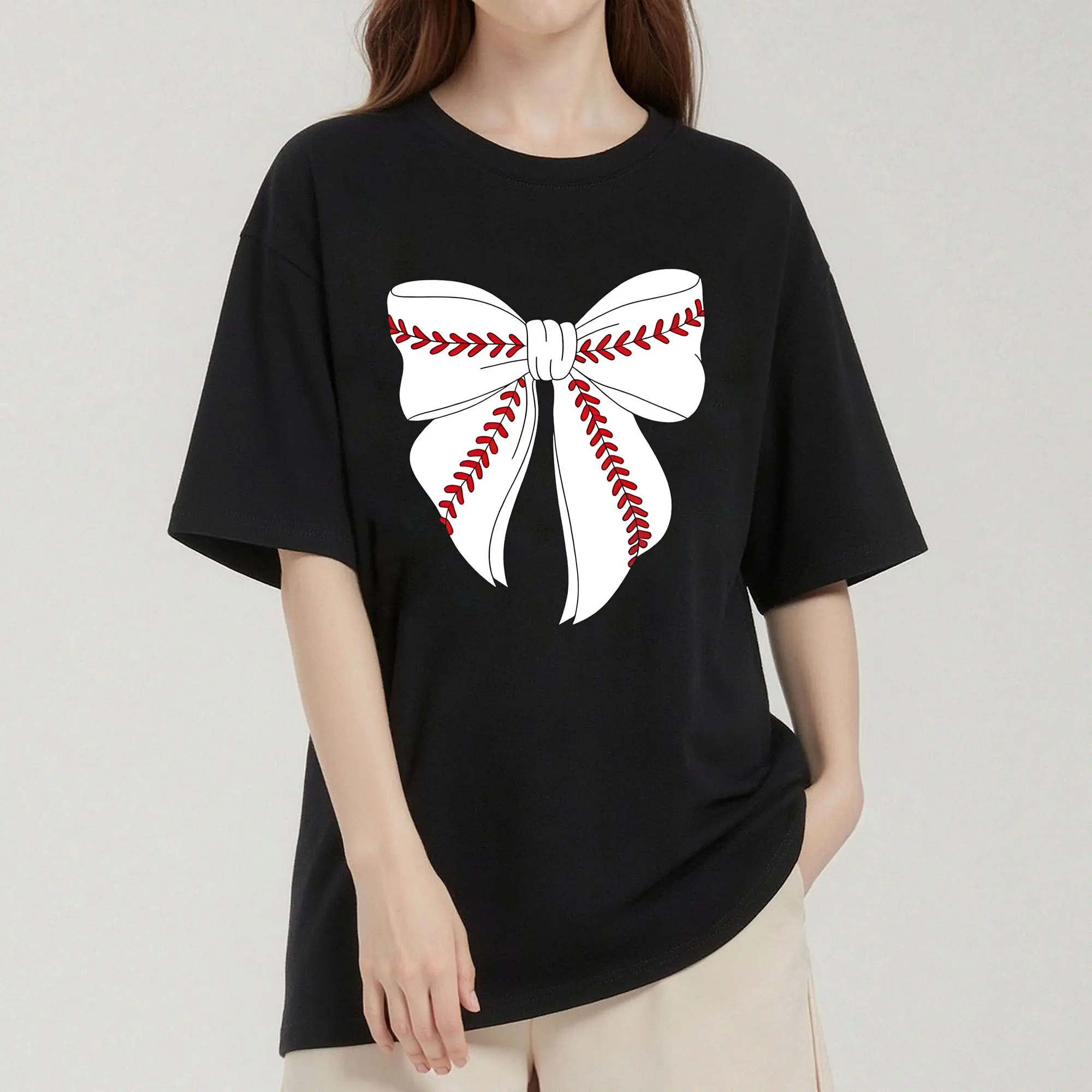 Men's Cute Baseball Coquette Bow Graphic T-Shirt - Streetwear Basic, Denim-Cargo Style Tees, Tshirt, Print, Casual, Round Neck, Soft, Tops, Menswear