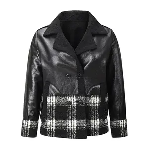 Women’s faux leather patchwork plaid jacket — double-breasted design, plush lapel short winter coat, fashionable street-style outerwear top