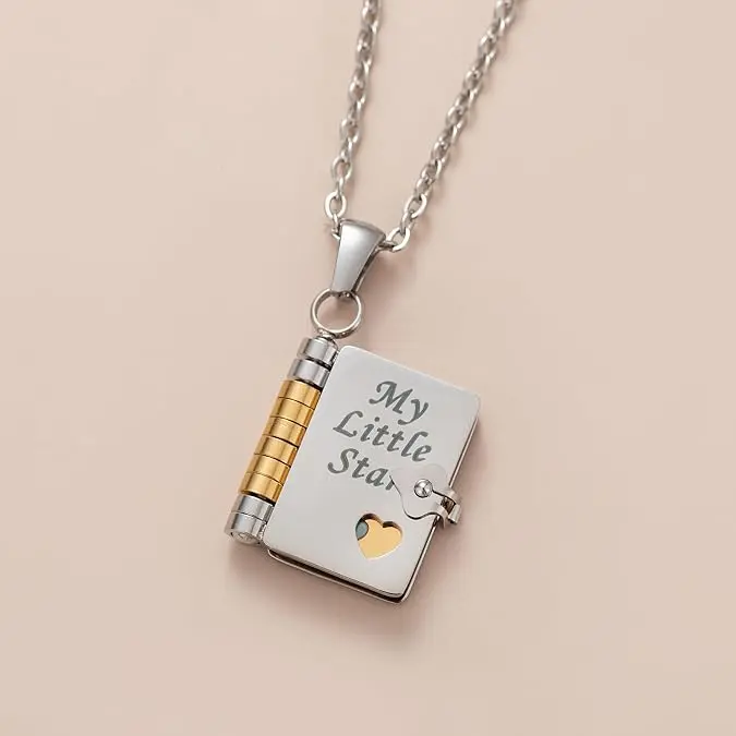 Book Locket Pendant Necklace for Daughter or Son, Stainless Steel My Little Star Design with 18 in Chain, Gift Boxed to Celebrate a Birthday or Graduation, Celebrate Necklace, Daughter/Son, Unisex, Open Book, Daily