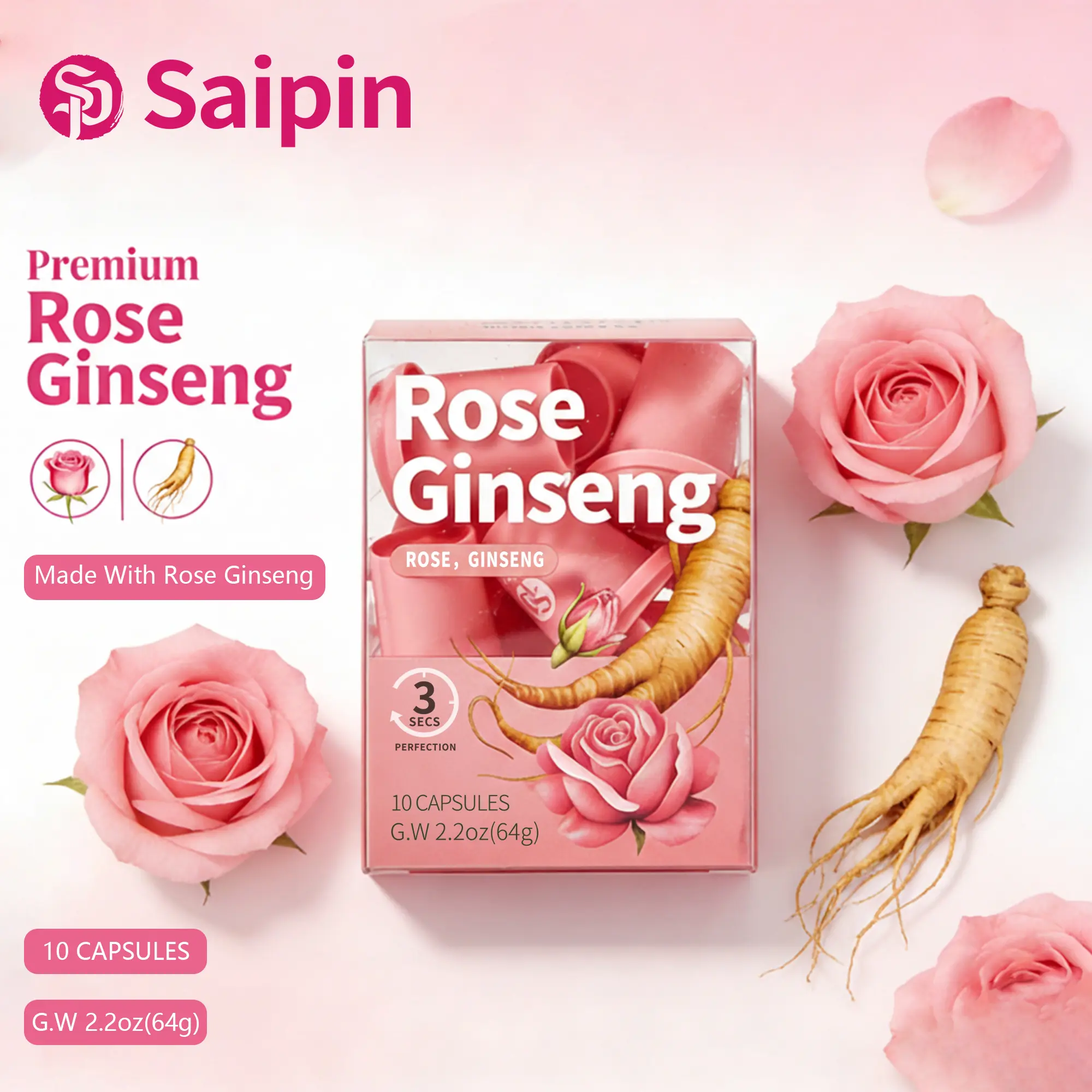 Saipin Natural Herbal Energy Tea Powder, Ginseng & Rose Infused Beverage, Sugar-Free Caffeine-Free Instant Drink Mix, 10 Servings
