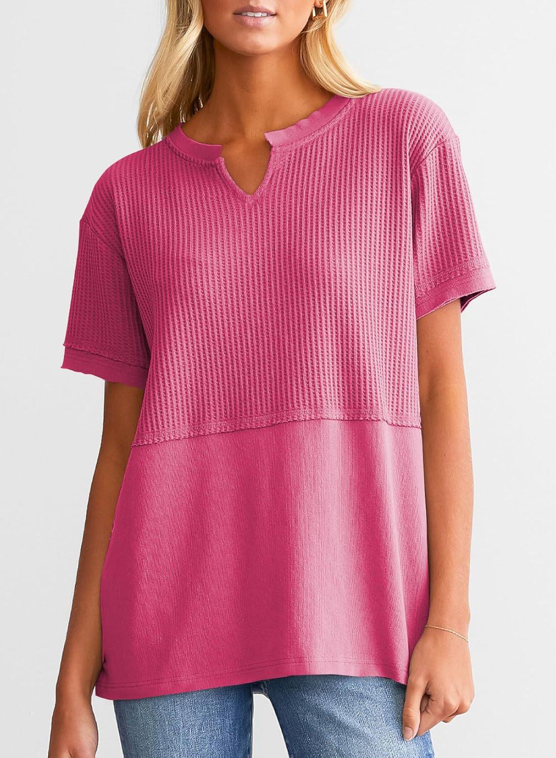 Women's Loose Fit Waffle Knit Splice V-Neck Top | Casual Trendy Short Sleeve Shirt.