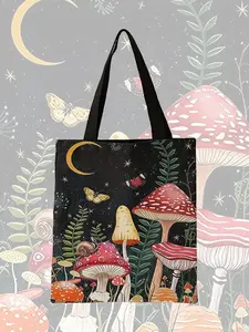 Butterfly & Mushroom Pattern Tote Bag, Casual Trendy Storage Bag, Fashionable Shopping Bag, Versatile Shopping Bag for Daily Use for Women & Men