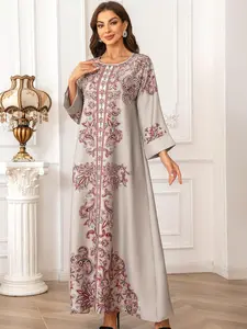 Elegant Muslim Women's Kaftan Dress, Round Neck High Density Rhinestone Beaded Print, Cross-Border Long Robe, Stylish Evening Wear