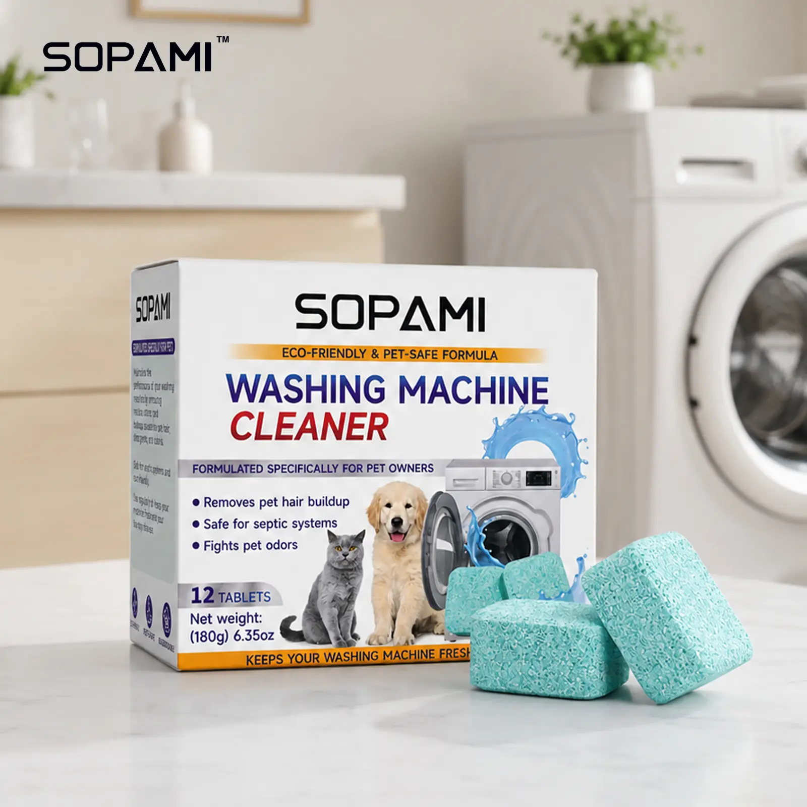 SOPAMI Washing Machine Cleaner Tablets 12 count formulated for pet owners fragrance free neutralizes pet odors removes pet hair buildup safe for septic systems dissolves dirt and residue