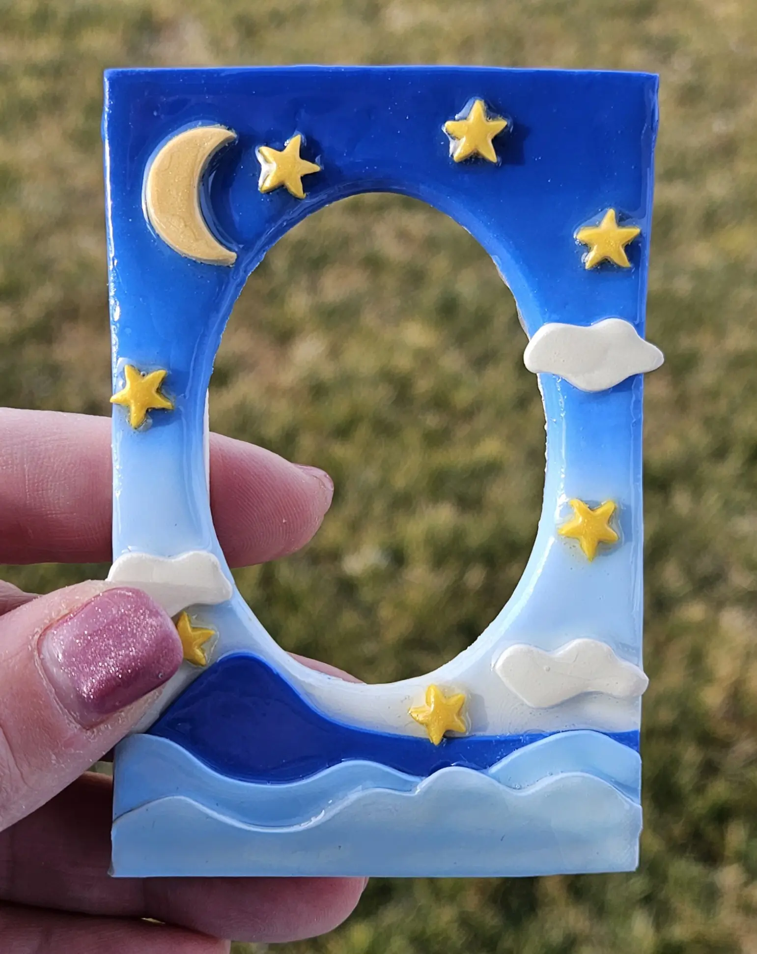 Moon & Stars Polaroid Magnet - Handmade Polymer Clay Fridge Decor