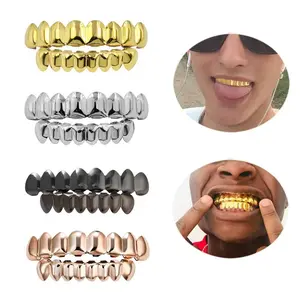 Hip Hop Grillz Polished Gold & Silver Teeth |   8 Top & 8 Bottom Teeth Set, Made of 18K Plated Copper, Elevate Your Streetwear & Party Look, Perfect for Daily Styling – Must-Have Hip Hop Statement Accessory