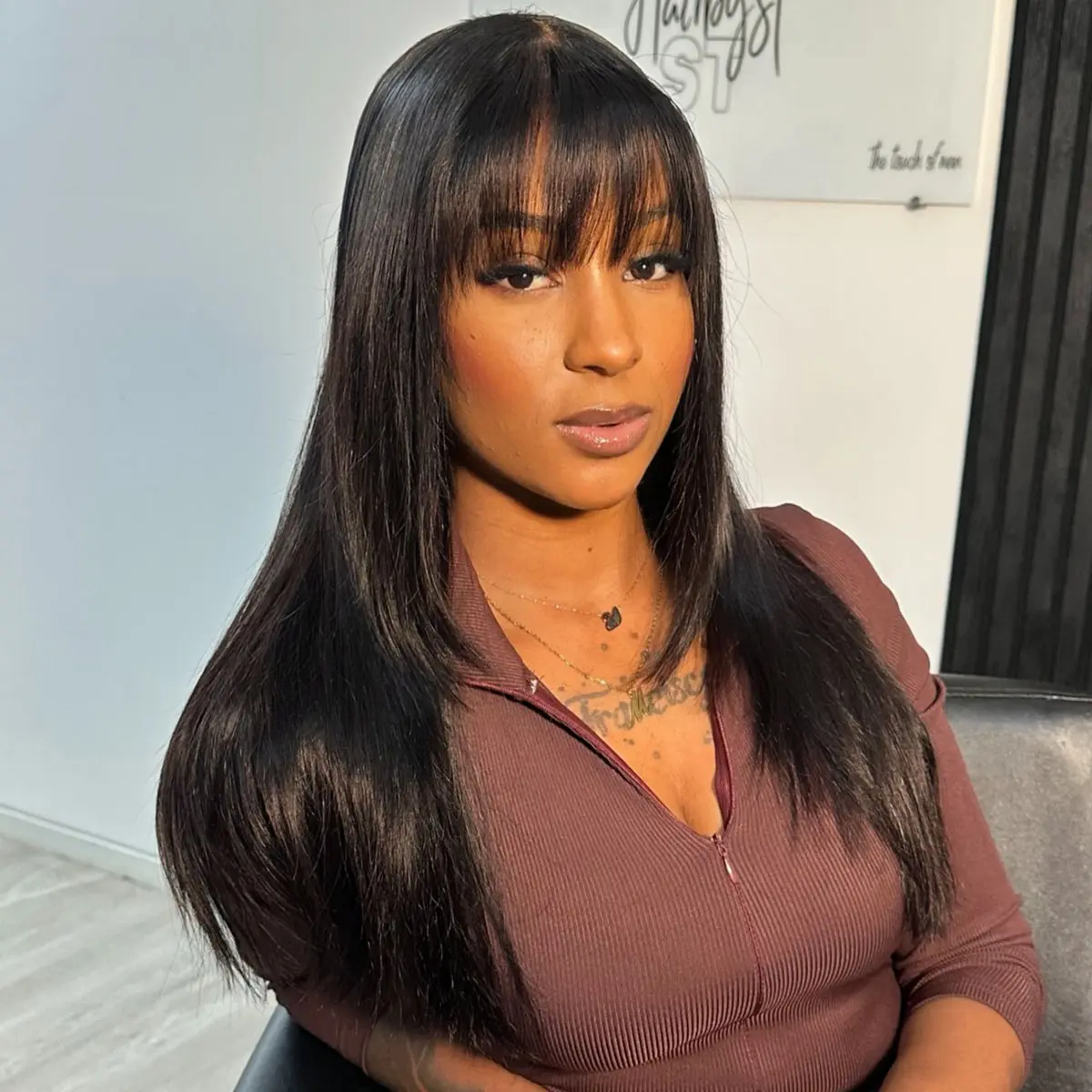 OQ HAIR Straight Wigs with Bangs Human Hair Pre Layered Cut 9X6 TPart Lace Wig with Drawstring 220% Density Middle Part for Women Glueless Wigs