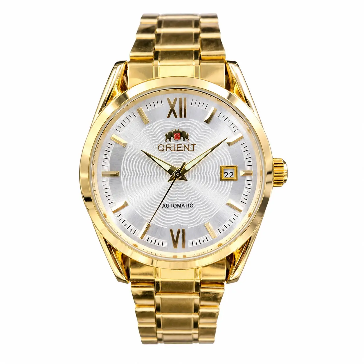 ORIENT Men's Automatic Mechanical Wrist Watch - Gold-Tone Case, Roman Numeral Markers, Textured Wave Dial, Date Display Window, Polished Stainless Steel Bracelet, Classic Business Dress Timepiece
