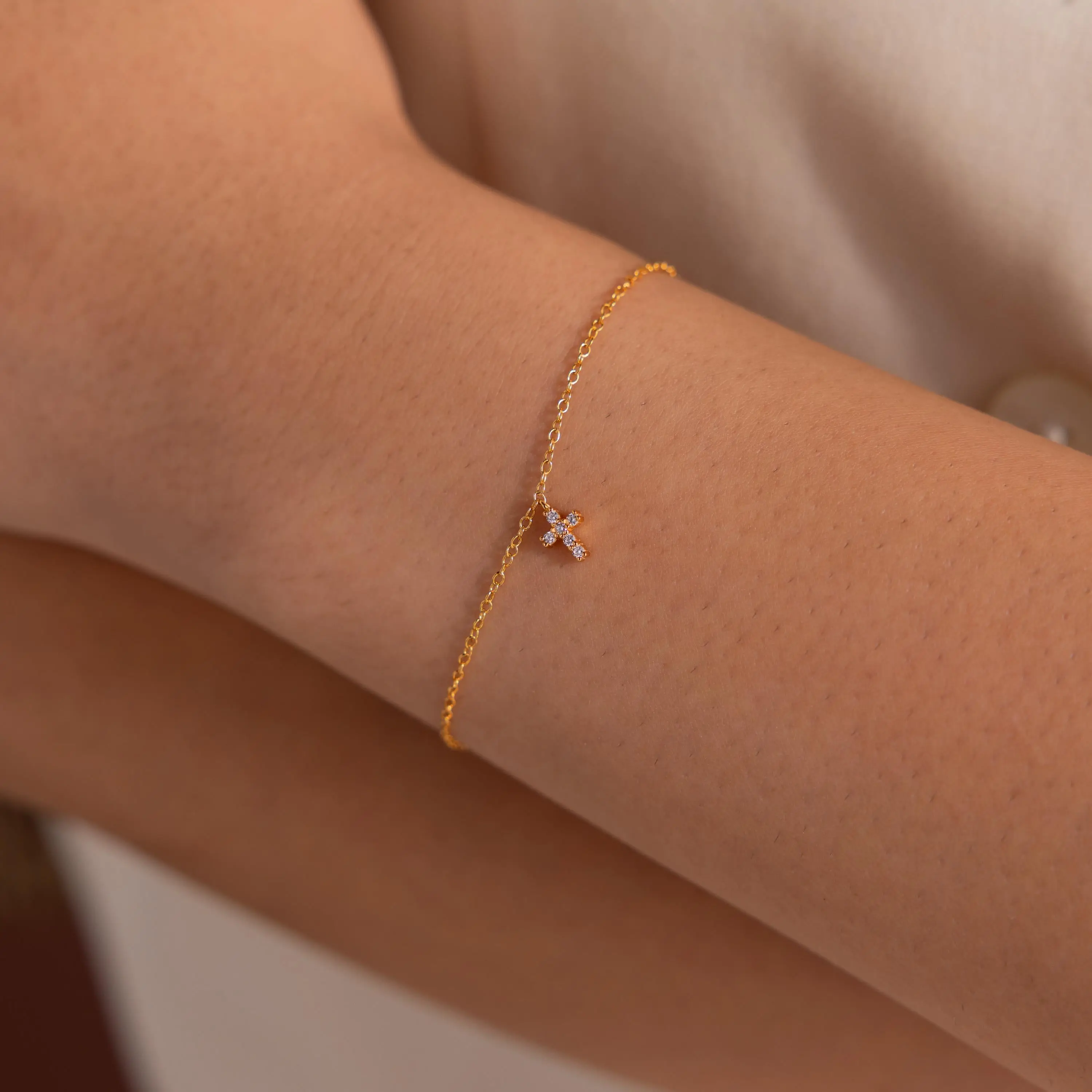 Dainty Cross Charm Bracelet by Caitlyn Minimalist - Delicate Cubic Zirconia Diamond Cross Bracelet - Baptism Jewelry - Church Jewelry - Mom Gift