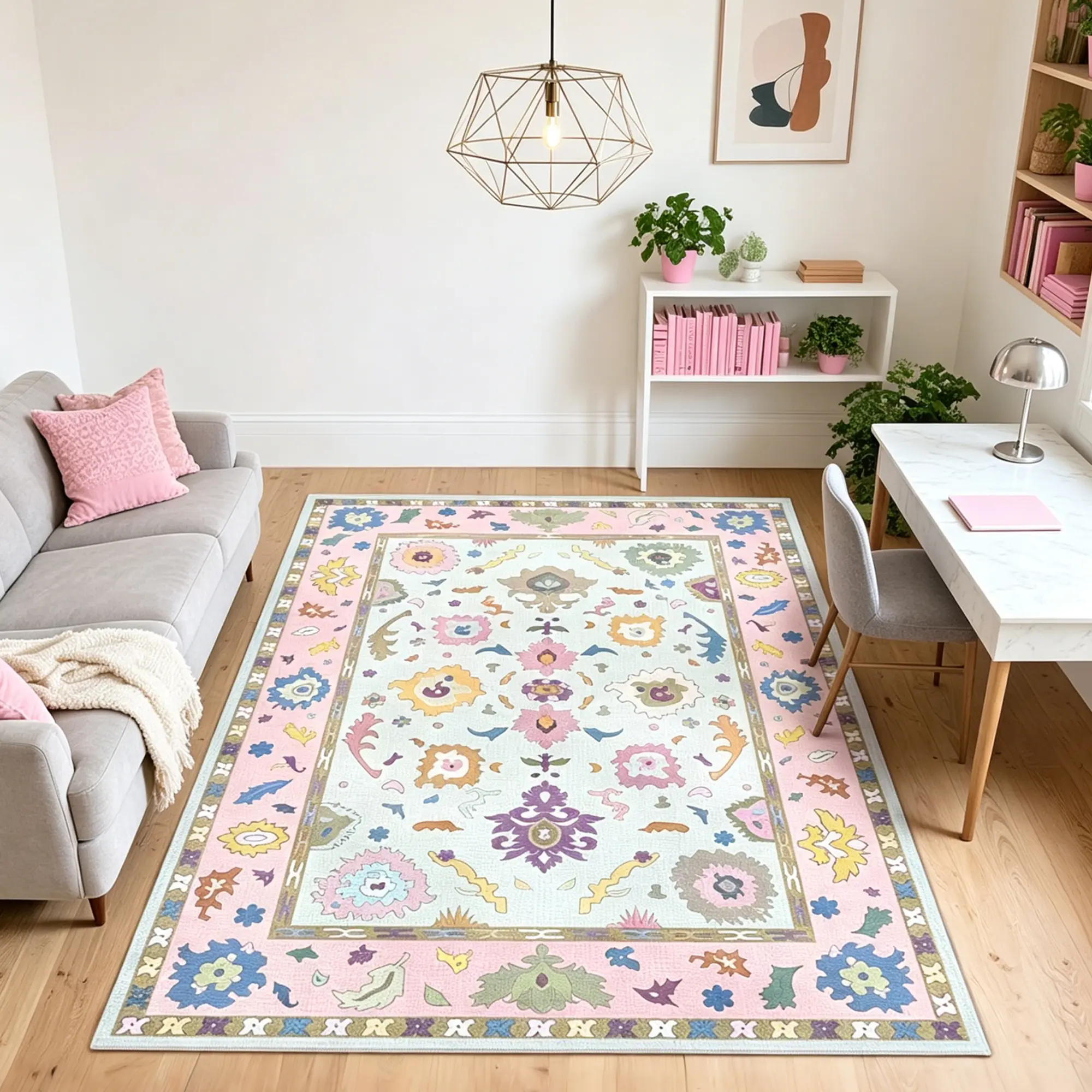 G-DAKE Non-Customized Soft Oushak Blush Pink Rectangular Crochet Weave Polyester Fiber Rug - 5ftx7ft, 6ftx9ft Sizes, Non-Slip, Machine Washable, Durable, Modern Floral Bohemian, Stain Resistant, Indoor, Fireplace, Home Office, No Door Blockage, Warm Decor