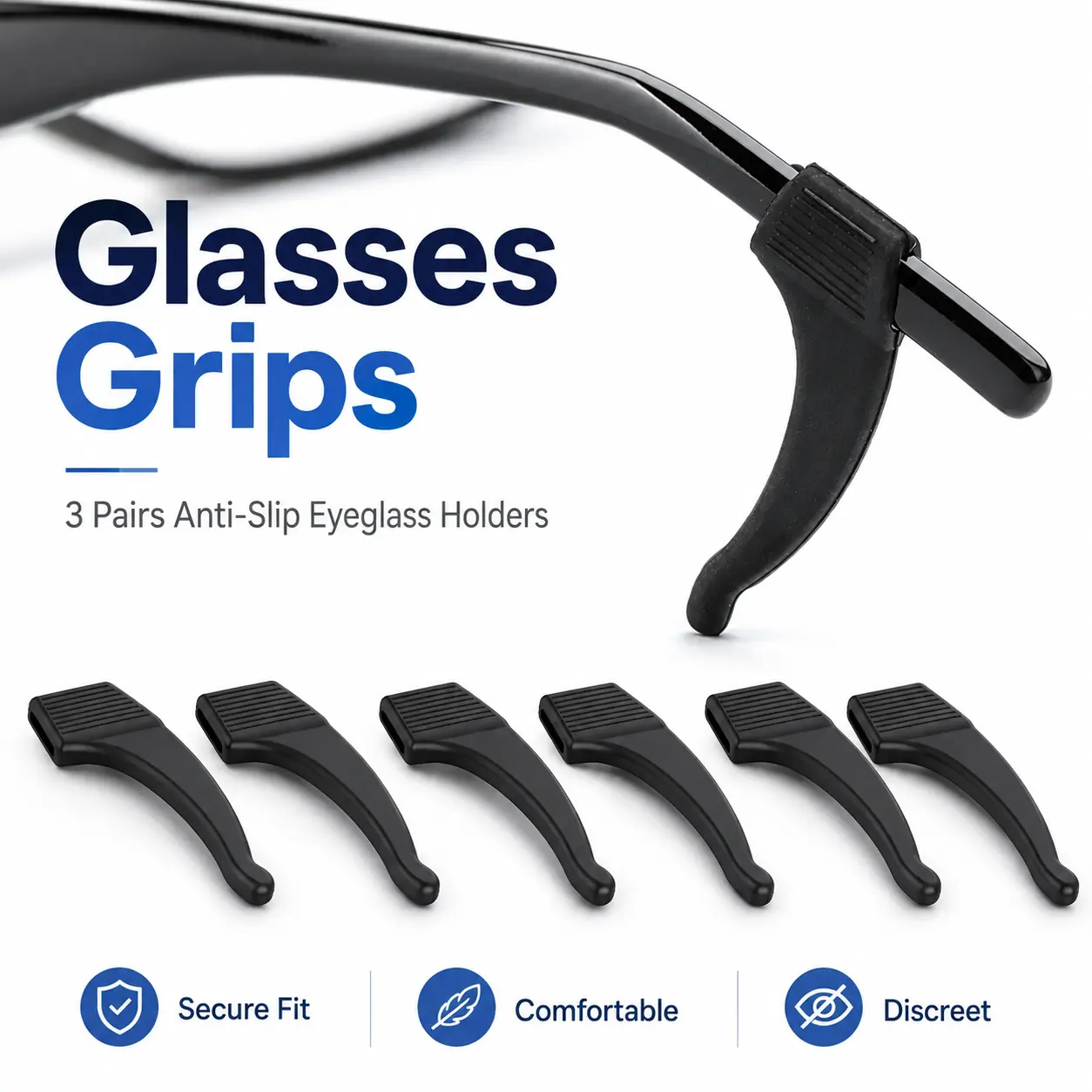 These silicone ear grips tightly wrap around eyeglass temple tips. Prevent glasses from sliding down your nose during walking, exercising, working or daily activities.