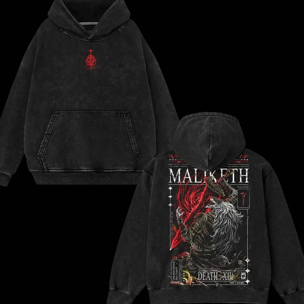 Superstyle The Black Blade "Maliketh" - Elden Ring Game Edition Double Printed Oversize Lightweight Acid Washed Tee Hoodie Sweater TV Series Graphic Design Top Cotton Streetwear Game T-Shirt Crewneck Clothes Menswear Womenswear JCN UAN