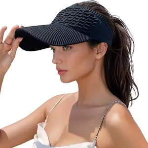 Women's Wide Brim Sun Visor Hat, UV Protection Knitted Running Cap, Ponytail Friendly Quick Dry Breathable Outdoor Sports Hat