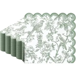 100 count Sage Green Floral Napkins, Scalloped Birds Floral Napkins Disposable Dessert  Napkin  Decorative Napkin for Decoupage,Bridal  Shower,Wedding