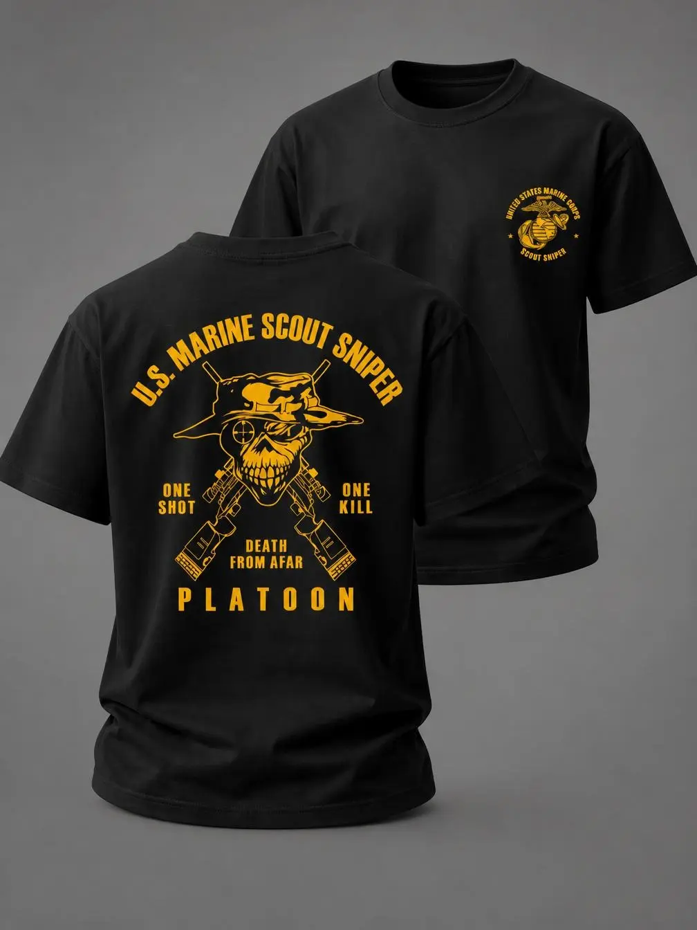 Marine Scout Sniper Platoon T-Shirt Military Skull Graphic Tee 1 Shot 1 Kill Tactical Shirt Death From Afar Veteran Apparel Patriotic Military Gift for Men Women