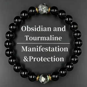 Obsidian & Black Tourmaline Bracelet - Manifestation & Protection Healing Crystal Beads Jewelry for Men & Women, Christmas Gift, Gifts for Mother's Day, Father's Day, Valentine's, Birthdays, Anniversary, Black Grounding Stone Beaded Bracelet