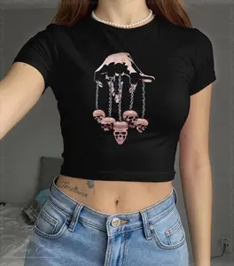 Goth Skull Baby Tee, Spooky Gothic Crop Top for Women, Retro Grunge Skull Chain Fitted Shirt, Emo Alt Girl Halloween Gift, Creepy Cute Top