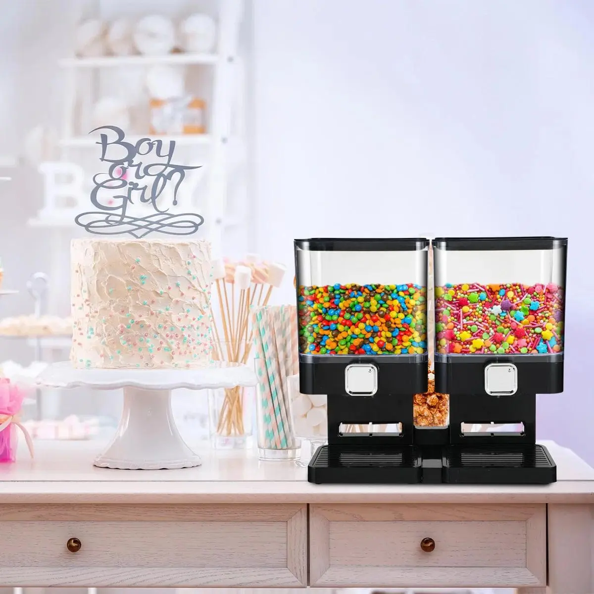 Dry Food Cereal Dispenser Box Container，Transparent Cereal Dispenser,Double Barrel Cereal Dispenser,Food Storage Kitchen Lid