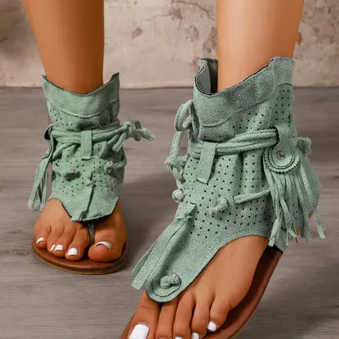 New Vintage Fringe Sandals for Women, Textile Upper Hollow Out Breathable Flat Heel Short Boots, Ethnic Style Casual Beach Shoes Summer Sandal