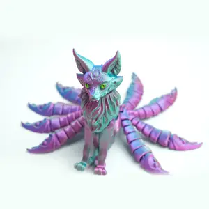3D printed nine tailed fox model toys, flexible joint animal doll statues, home and office desk decorations, holiday surprise gifts