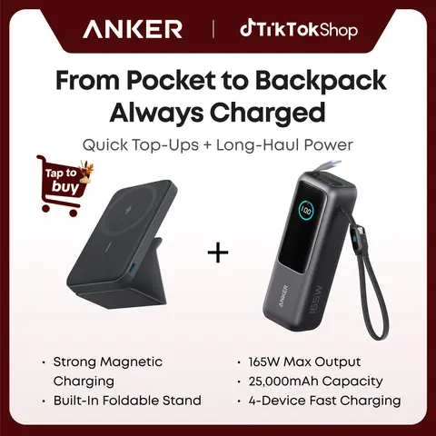 Anker 25000mAh 165W Power Bank Charger with Built-In & Retractable USB-C Cables, plus 5000mAh Magnetic Portable Charger (4-Port Compatible), Adulting Gifts