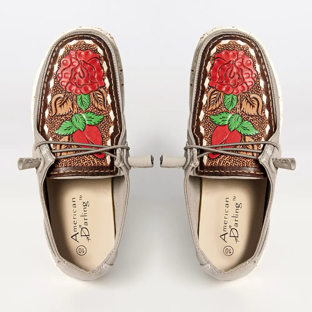 American Darling Hand tooled, carved genuine leather trim lightweight shoe footwear, slip on| Tooled Footwear