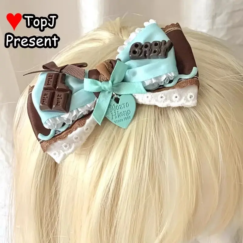 “Mint flavored chocolate cookie” Gothic Harajuku Y2K Girl lovely Lolita sweet Bow Ribbon lace Hairpin Edge clamp Hair clip