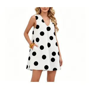 ZQ- Women's polka dot print mini dress with side pockets, a casual summer sleeveless beachwear style, loose fit, A-line skirt, U-neck, suitable for parties, vacations, everyday wear, gatherings and other occasions, showing off summer style.
