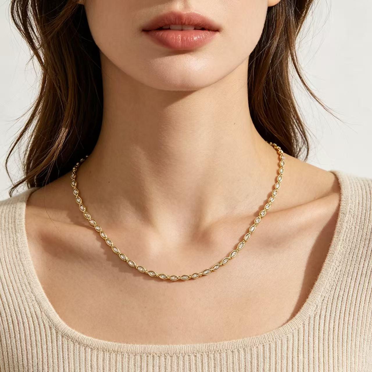 QUEENDO Marquise Cut Tennis Choker Necklace - Tarnish Resistant Polished Metal, Continuous Bezel-Set Marquise Stones, Dainty Minimalist Collarbone Chain, Everyday Layering Neck Jewelry, Affordable Luxury Style, adjustable link bracelet, daily jewelry gift