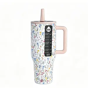 HydroJug Traveler - 40 oz Bottle with Handle & Flip Straw - Fits in Cup Holder, Leak Resistant Tumbler-Reusable Insulated Stainless Steel & Rubber Base - Gifts for Women & Men,Wildflower Floral